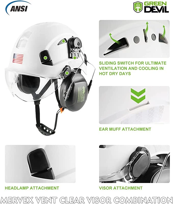 Safety Helmet Hard Hat with Visor and Ear Protection Adjustable Lightweight Vented ABS Work Helmet